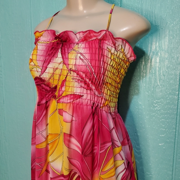❤️ New Long maxi dress flowers pink yellow black sheer sundress Size S, L - Picture 2 of 6